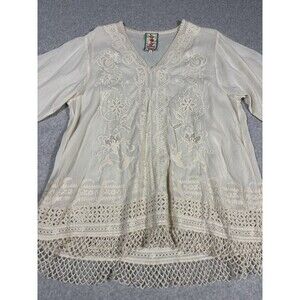 Johnny Was Embroidered Lace Cottagecore Flowy Top Beige Ivory Cupra Rayon Size L